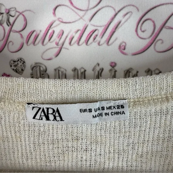 Zara T-shirt buttons knit cream white top shirt Beige Short Sleeve Top - Picture 9 of 11